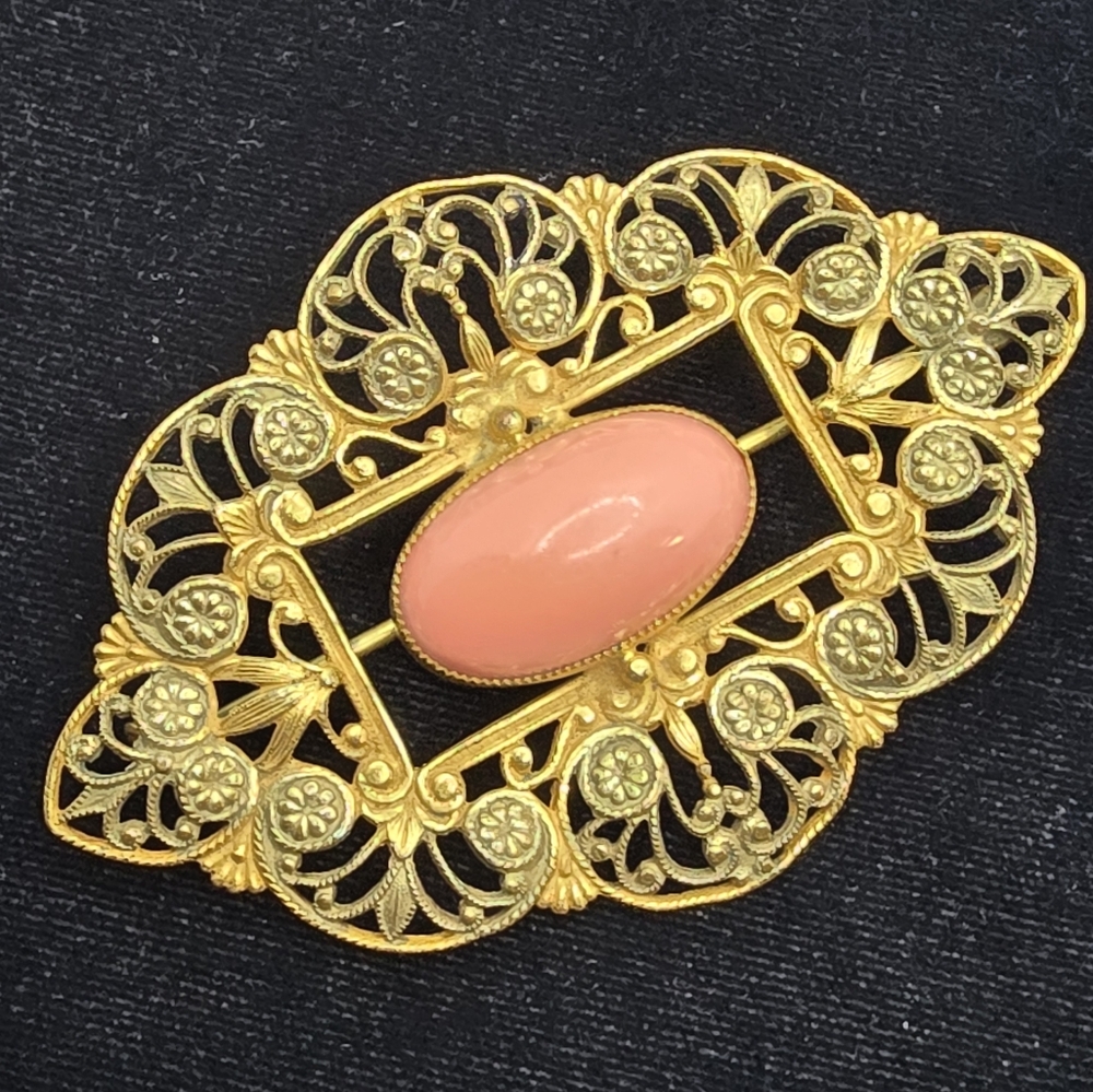 Antique Fillagree Floral Sash Pin Coral Glass 1920s